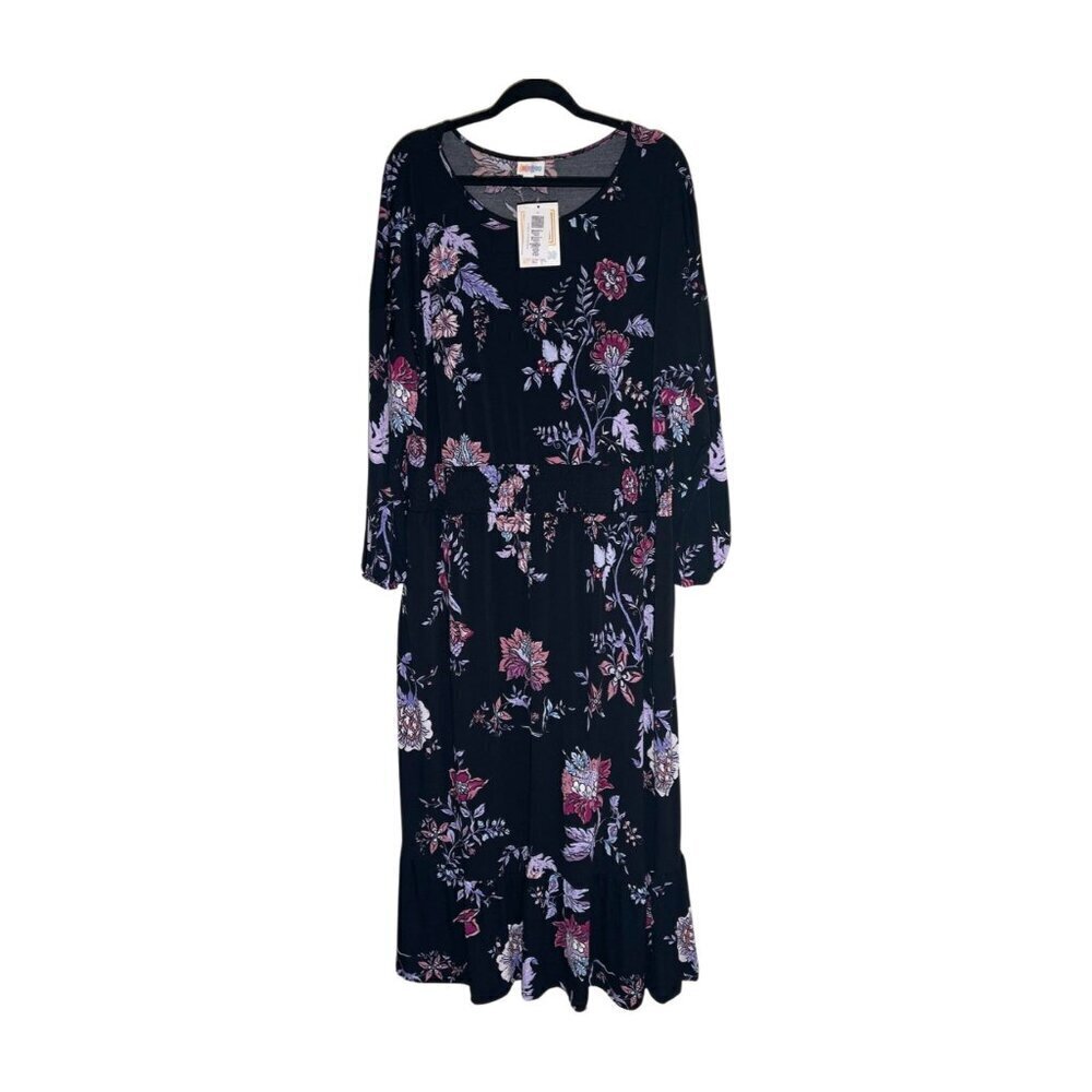 NWT LuLaRoe Evelyn Maxi Dress 2XL Black Purple Pink Floral Smocked Waist Pockets